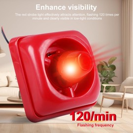 12V-24V Industrial Alarm System, Public Electric Sound Light Alarm Horn 115 dB Ultraloud Red Flashing Lights Fire Flash Siren for Office, School, Factory