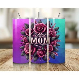 20oz Skinny Stainless Steel Tumbler with the words "Best Mom" Pink Roses, Lid