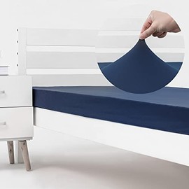 Cot Size Fitted Sheet Only - 4-Way Stretch Jersey Knit & Snug Fit for Bunk Beds, Camping, RV, Folding Beds, Boys & Girls, Wrinkle Free & No Slipping, Soft & Comfortable - Navy, Bunk/Cot Twin