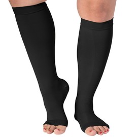 ABSOLUTE SUPPORT Plus Size Compression Stockings for Women & Men 15-20mmHg Open Toe, Wide Calf Support Knee High for airplane, Work, Running, Hiking, Sports, Workout, Nurse, Travel - Black, 5X-Large