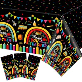 3 PCS Thank You Teacher Party Tablecloths,Back to School Party Tablecover,87"Lx51"W Rectangular Plastic Table Covers for Teachers' Day Kids Baby Shower Birthday Dinner Picnic Kitchen Event