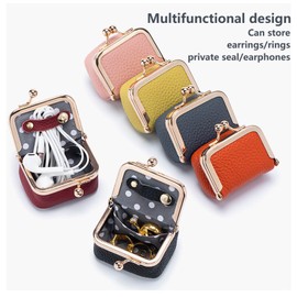 Genuine Leather Mini Jewelry Box,Mini Jewellery Travel Case for Women,Vintage Kiss Lock Coin Purse,Portable Travel Case for Earrings/Rings/Necklaces/Private Seal/Earphones (D-Pink 1pcs)