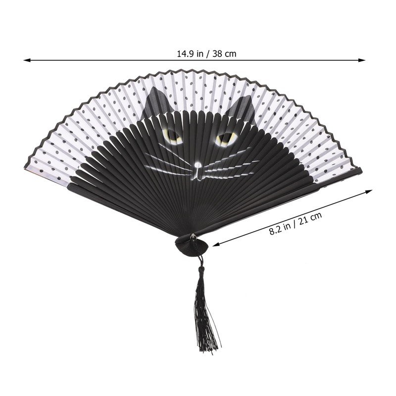 Black Cat Folding Fan - Cartoon Cat Handheld Bamboo Silk