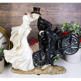 Love Never Dies Skeleton Bridal Couple Kissing On Bicycle W Rose Basket Figurine