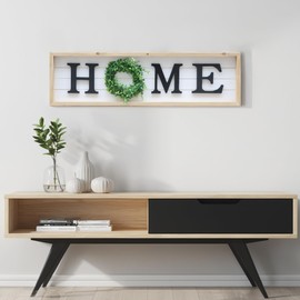 Paris Loft Wooden Framed Home Plaque with Green Wreath for The O|Housewarming Home Decor,Large Farmhouse Home Signs Plaque Wall Hanging Decor for Mantle Living Room. 31.5x1.25x8.75''