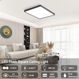 12 inch Square LED Ceiling Light, 24W CRI 90, 5000K Daylight Super Bright Ceiling Lights, 3200LM Black Flush Mount LED Lamp, Recessed Lighting fixtures for Kitchen Bathroom Bedroom Hallway Office