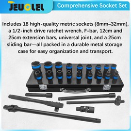 JEUCLEL 24 Pcs Metric 1/2 Inch Drive 6-Point Standard 8-32mm Socket Ratchet Wrench Set, Short & Long Air Pneumatic Sockets Spanner for Automotive Repairs Machinery Maintenance Household Maintenance