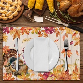 RZQIJ Thanksgiving Placemats Set of 4-12"x18" Maple Leaves Turkey Pumpkin Design Thanksgiving Table Mats - Cozy Harvest Decorations, Fall Placemats for Seasonal Gatherings(102)