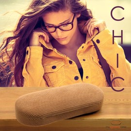 Hard eyeglass case in elegant corduroy beige| Glasses Case Hard Shell Holder with Microfiber Drawstring Pouch & Cleaning Cloth | Small Sunglasses Case Protective & Durable (AS166L Corduroy Beige)