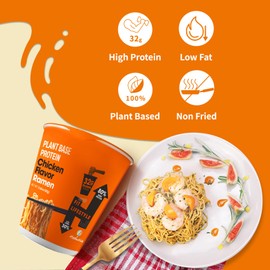 Hethstia Protein Ramen, Chicken Flavor Pre-Packaged Ramen Soup Cup, 6-Pack Instant High-Protein Noodles with 32g Plant Protein, Vegan, Low Fat, Air-Dried, Non-GMO, Healthy Quick Meal