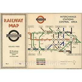 Historic Map : Railway Map. London Underground Transport. Interchange Stations Central Area, 1938 - Vintage Wall Art - 24in x 16in