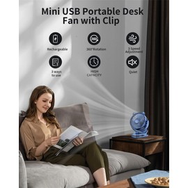 GOTOTO Clip on Fan, Rechargeable Portable Fan with 2000mAh Battery Operated, Small Fan with Powerful Clip Design, 3 Wind Speed, 360° Rotation, Ultra-Low Noise Level Personal Fan for Travel