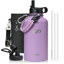64oz Insulated Water Bottle with Paracord Handle, INSPI Half Gallon Stainless Steel Water Bottle with Straw, Sports Water Jug with Carry Pouch and Carabiner for School & Hiking, Keep Cold Hot, Purple