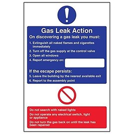 V Safety Gas Leak Action Sign - 200mm x 300mm - 1mm Rigid Plastic