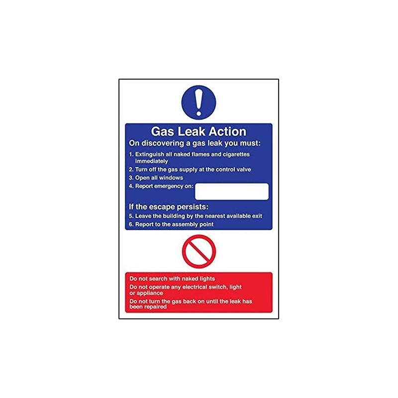V Safety Gas Leak Action Sign - 200mm x 300mm