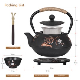 Japanese Style Cast Iron Teapot with 4 Tea Cups Trivet Tetsubin Tea Kettle with Infuser Chinese Tea Set for Adults Iron Tea Pots Black (Magpie and Plum Pattern)