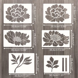 Peony Flower Stencil Set – 6pcs Reusable Stencils for Painting on Wood, Walls, Fabric, Furniture – Washable Floral Templates for DIY Crafts & Home Decor