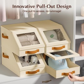 Homsorout Hat Organizer for Baseball Caps - 4PCS Stackable Storage with Clear Lid, Drawer & Flip-Top Access, Space-Saving Hat Box for Closet, Breathable Fabric, Light Gray