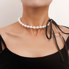 Iaceble Vintage Pearl Choker Necklace Pearl Ribbon Tie Necklace Black Ribbon Wrap Necklace Pearl Beaded Chain Necklace Wedding Bridal Necklace Jewelry for Women
