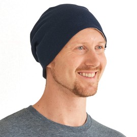 Gorro de algodón orgánico para hombre y mujer, reversible, ligero, de punto, fabricado en Japón, ideal para sombreros de quimioterapia, Azul marino y gris claro., One Size