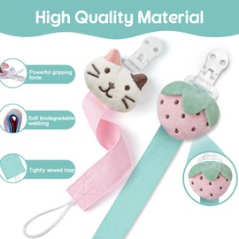 TYRY.HU Dummy Clips Boys Girls 2Pack Pacifer Chain Holder Set for Baby Unisex Newborn Universal Dummies Baby Gift Soft Webbing BPA Free Cat + Strawberry