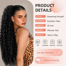 28inch Drawstring Ponytail Extension,Black Hair Extensions For Women,Long Curly Ponytail Synthetic Hairpieces for Daily Use (1B)