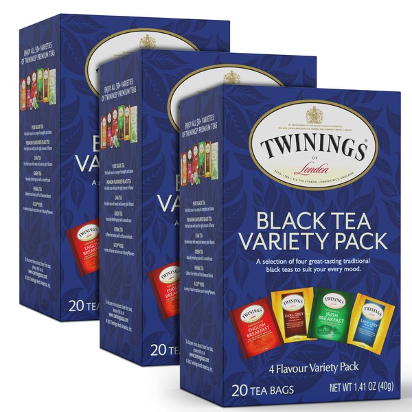 Twinings Black Tea Variety Pack with Earl Grey Tea, English Breakfast Tea, Irish Breakfast Tea, and Lady Grey Tea Bags, Individually Wrapped, 20 Count Ea (Pack of 3)
