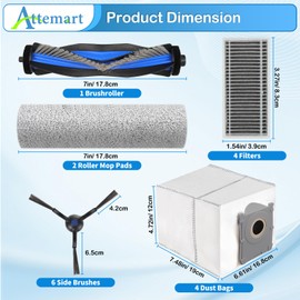 Attemart Replacement Parts for Ecovacs Deebot X8 Pro Omni, X8 Omni Robot Accessories for Yeedi S14 Plus Vacuum Kit, 1 Main Brush, 2 Roller Mop Pad, 4 Filters, 4 Dust Bags, 6 Side Brushes, 19 Pack