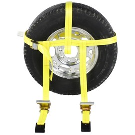 US Cargo Control Side Mount Wheel Net with Cam Buckle and Two Ratchets and Flat Hooks, Easy to Use Wheel Strap for Vehicle Tie Down Applications, Durable Polyester Webbing