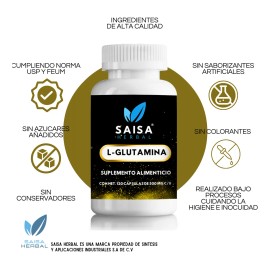 L-Glutamina 100 Pura 120 Cps SAISA HERBAL  Suplemento Natural  Apoyo Muscular y Digestivo  Calidad Premium                                            
