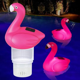 Uekars Solar Pool Chlorine Floater, 7 inch Flamingo Chlorines Floater with Light, Glow in Dark Chlorines Tablet Floater, Adjustable Flow and Easy Opening Floating Chlorine Dispenser for Pools, Hot Tub