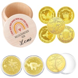 DALAETUS 6 Pcs Wooden Tooth Fairy Box and Tooth Fairy Gold Coin Set, Cute Baby Tooth Storage Box, Tooth Keepsake Box for Boys, Girls, Children, Tooth Loss Baby Birthday Gifts