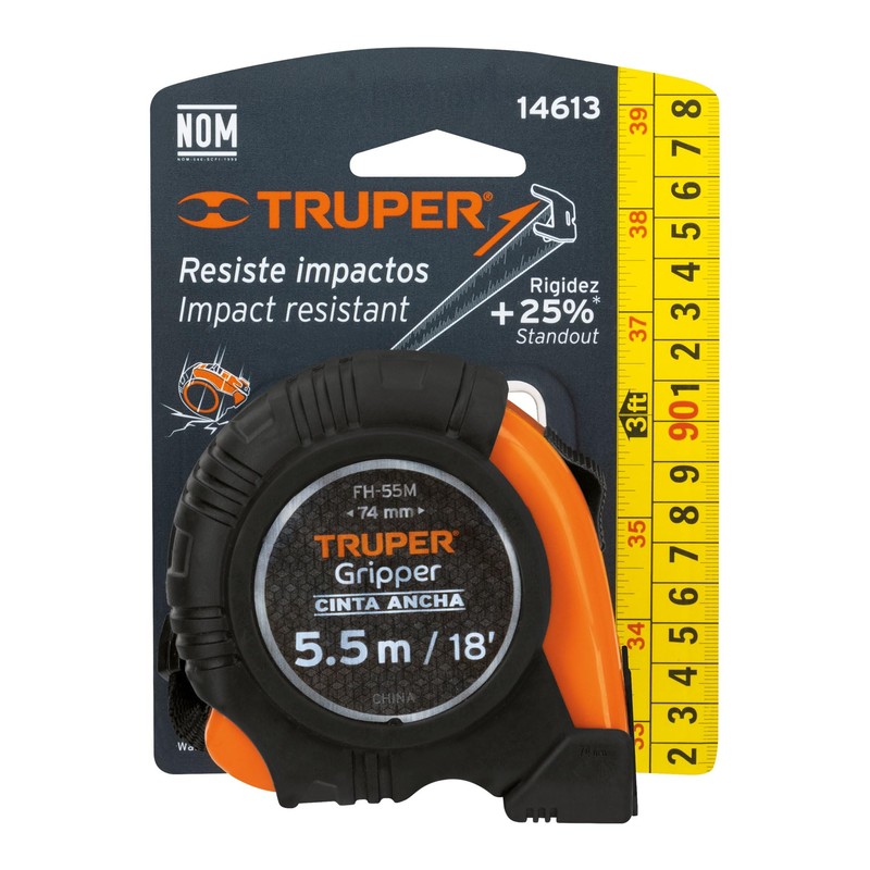 Truper FH-55M, Flexómetro Gripper, contra impacto, 5.5 m, cinta 25