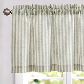 TOPICK Net Curtain Striped Linen Curtains with Stripes Kitchen Curtain Opaque Short Kitchen Curtains for Kitchens Dining Room Bathroom Small Window 1 Piece 125 W x 40 H (cm) Green on Beige