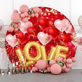 DORCEV Diameter 6.5ft Love Heart Balloons Romantic Round Backdrop Cover Valentine's Day Circle Photography Background Mother's Day Backgrounds for Kids Birthday Party Decor Wedding Photo Booth Props