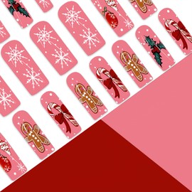 Mkwntg Christmas Press on Nails Medium Square Fake Nails with Gingerbread Man Designs Winter Snowflake False Nails Glossy Canes Holly Stick on Nails Pink Xmas Glue on Nails for Women Girls 24Pcs