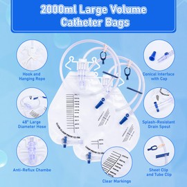 Goffing Catheter Bags, 2000ml Urinary Drainage Bag, Professional Urine Bags with Enhanced Anti-Reflux Chamber, 48" Thickened Drainage Tube, Adjustable Clips & Hanging Hook, 5 Pack