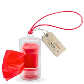 Woof & Barks CLEAR Dog Poop Bag Holder and Dispenser with Leash Attachment, Includes 1 Standard Roll of Red Poop Bags