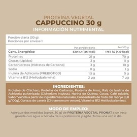 PRONAT  Proteína Vegetal en Polvo  Sabor Capuchino 12 Sobres de 30 g  20 g de Proteína por Porción  Sin Azúcar  Sin Gluten  Apta para Vegetarianos
