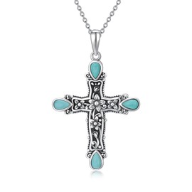 MUUYON Sterling Silver 3.0 Ct Turquoise Cross Necklace for Women, S925 Real Silver Vintage Cross Necklace for Ladies Mom Men Birthday Anniversary, 18+2 inches