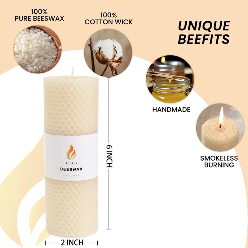 2-Pack 2x6 White Beeswax Pillar Candles, Hand-Rolled Honeycomb Texture