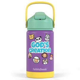 FAITHFUL SEEDS 12oz Water Bottle Christian Kid Insulated Stainless Steel Water Bottle for Girls Boys, Leak-proof Water Bottle with Straw Lids (GOD's-Creation)