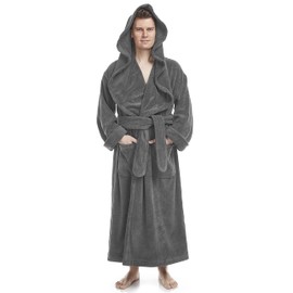 Arus Men's Big & Tall Long Monk Robe Hooded Full Length Turkish Cotton Bathrobe, Large, Gray