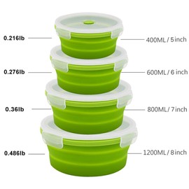 URBEST Collapsible Bowls, Silicone Food Storage Containers with Lids for Camping, Set of 4 Round Silicone Lunch Containers, Microwave and Freezer Safe (greener， 4)
