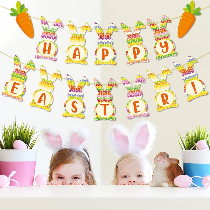 Happy Easter Banner Bunny Carrots Banner Easter Decorations for Indoor