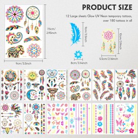 12 Hojas Grandes Glow in the Dark Tattoo 150+ Neon Maquillaje Temporal, Rave Festival Accesorio, Cara Falsa Mariposa Tatuaje UV Luz Negra para Mujeres Artículos de Fiesta (12 Hojas Estilo Metálico)