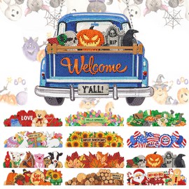APCGSM 13PCS Interchangeable Diamond Painting Welcome Sign for Front Door Holiday Decor Blue Truck Hanging Sign Interchangeable Seasonal Decor for Wall Home Farmhouse DIY Diamond Art Kits for Adults