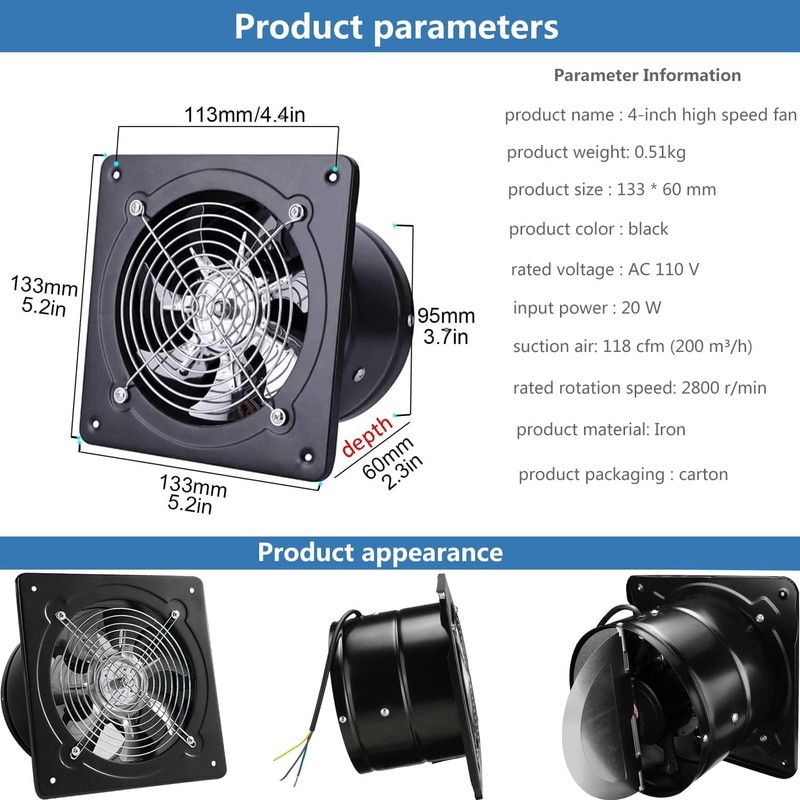4 inch Exhaust Fan Metal Iron Ventilation Extractor, Silence with