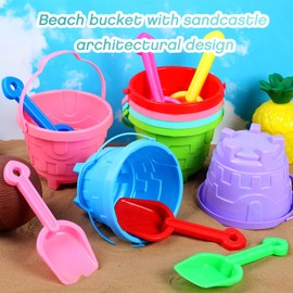 Didaey 65 Set 130 Pcs Beach Sand Buckets and Shovels, Include 65 Sand Pail Bucket 6 Colors with Castle Design Inside and 65 Shovels for Boys Girls Summer Party (5.5 x 4.7 Inch)