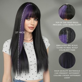 7JHH WIGS Long Straight Purple Highlight Wig with Bangs 27in Natural Heat Resistant Fiber Synthetic Half Black Half Purple Layered Wigs for Women Girls Holiday Chrismas Daily Party Used